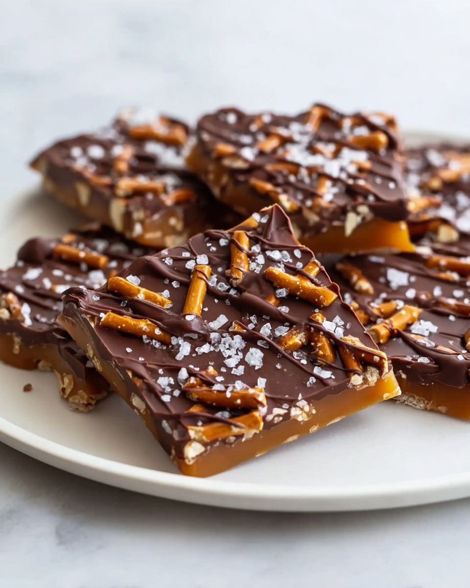 A large white rectangular baking dish filled with a complete sheet of rich, homemade caramel pretzel bars, featuring a thick layer of smooth caramel studded with crunchy pretzel pieces atop a chocolate base, generously drizzled with dark chocolate and sprinkled with coarse sea salt, the entire uncut dessert presented elegantly on a white marble surface, captured in natural lighting from a professional 3/4 angle perspective like a food magazine hero shot, photo taken with an iphone --ar 4:5 --v 7