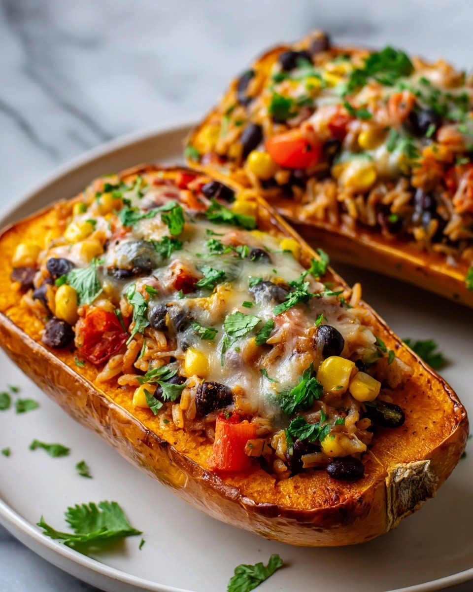 Four whole roasted butternut squash halves filled generously with seasoned rice, black beans, corn, diced tomatoes, melted cheese, and fresh cilantro, arranged neatly on a dark baking sheet. The vibrant colors of the orange squash shell, yellow corn, black beans, and green herbs create a visually appealing contrast. The photo is taken from a 3/4 angle to capture the fullness and texture of the whole stuffed squash halves, set on a pristine white marble background with natural lighting, styled like a hero shot from a food magazine. Photo taken with an iphone --ar 4:5 --v 7