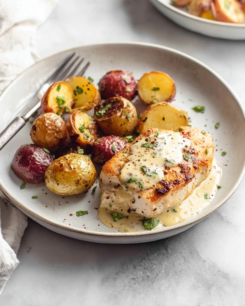 Large white enameled cast iron pot filled with three whole golden-brown baked chicken breasts nestled in a creamy sauce, surrounded by whole roasted baby potatoes seasoned with black pepper and fresh chopped parsley, the sauce gently simmering with specks of herbs and spices throughout, presented from a 3/4 angle with natural lighting highlighting the rich textures and warm tones of the dish, set on a white marble countertop, professional food magazine hero shot photo taken with an iphone --ar 4:5 --v 7