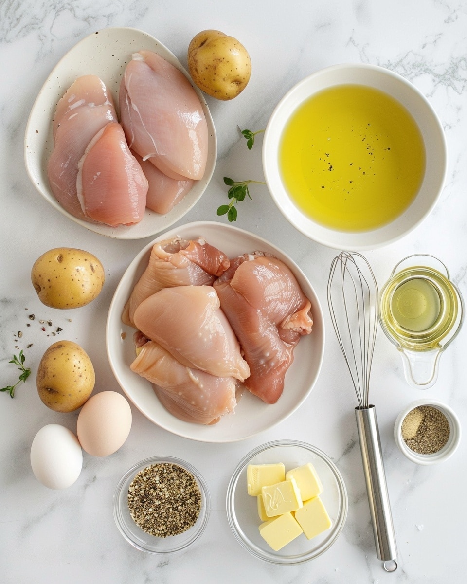 Single white shallow bowl with one plated portion of golden seared chicken breast topped with creamy mustard sauce speckled with cracked pepper and fresh herbs, served alongside roasted baby red and yellow potatoes glazed with the same sauce, close-up angled shot highlighting the juicy, tender chicken texture and crispy potato edges, natural lighting on a white marble surface, styled like a food blog photo, photo taken with an iphone --ar 4:5 --v 7