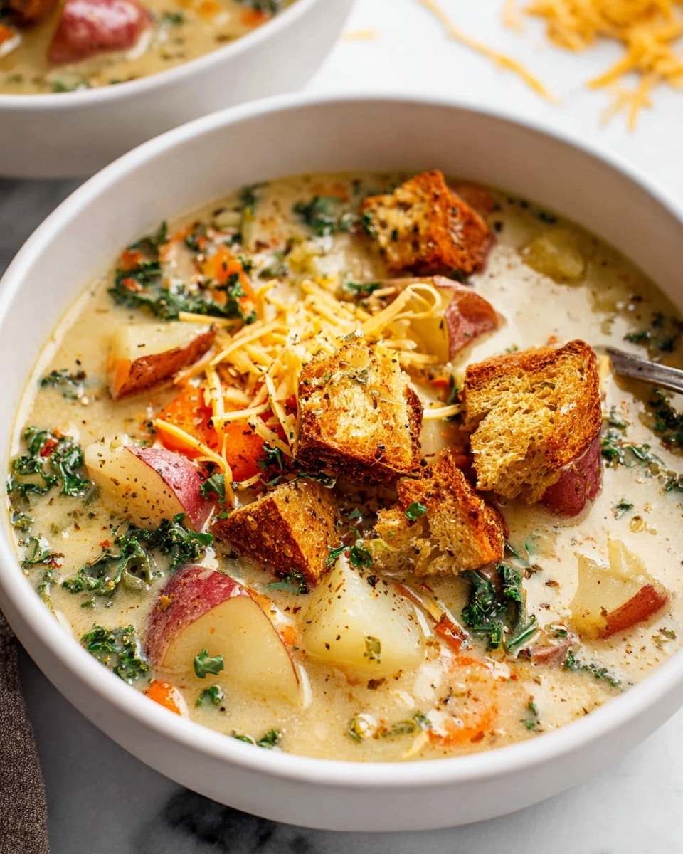 Large white enamel cast iron pot filled with creamy kale and potato soup, showcasing tender chunks of carrots, red-skinned potatoes, and fresh green kale leaves simmered in a rich broth, topped with a generous heap of golden toasted croutons and shredded cheese, garnished with chopped fresh herbs, presented on a white marble countertop in natural light, professional food magazine hero shot, photo taken with an iphone --ar 4:5 --v 7