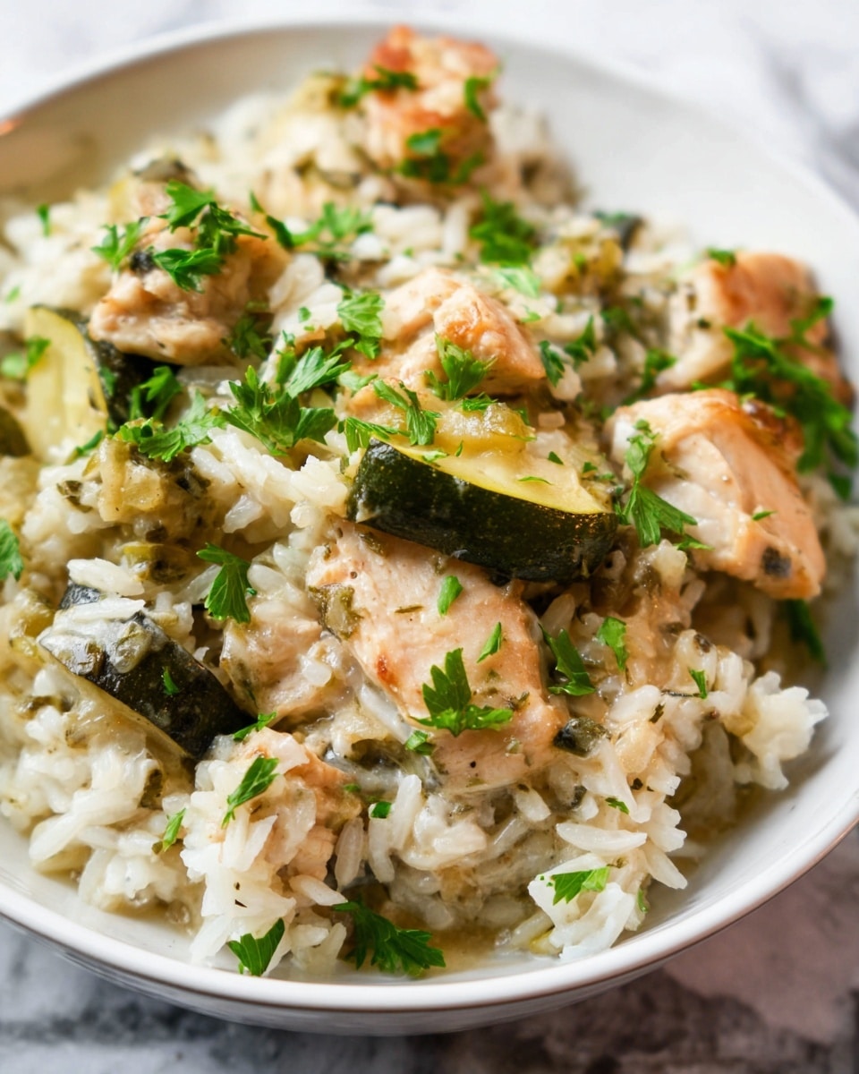 Large white serving bowl filled with a generous portion of creamy chicken and rice with tender, golden-browned pieces of chicken, fluffy white rice, and vibrant fresh parsley garnish, whole dish shown from a 3/4 angle on a white marble background with natural light, styled like a professional food magazine hero shot, photo taken with an iphone --ar 4:5 --v 7