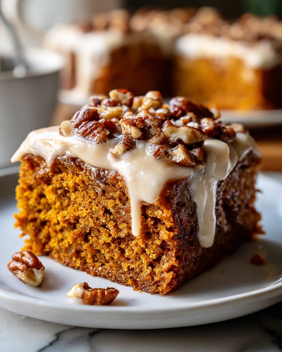 Whole square carrot cake with smooth cream cheese frosting generously spread on top, decorated with whole toasted pecans evenly placed over the surface, the uncut cake presented on a large white rectangular plate, photographed in a professional food magazine style from a 3/4 angle on a white marble countertop with natural lighting highlighting the rich texture and moist crumb of the cake, photo taken with an iphone --ar 4:5 --v 7