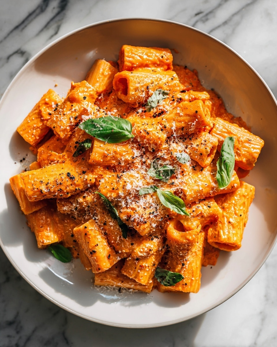Large white frying pan filled with rigatoni pasta coated in a rich, creamy tomato sauce, topped with freshly grated parmesan cheese and a sprinkle of crushed black pepper, the entire dish in the pan with the sauce spread evenly around the edges, photographed from a 3/4 angle on a white marble countertop with natural lighting, professional food styling photo taken with an iphone --ar 4:5 --v 7