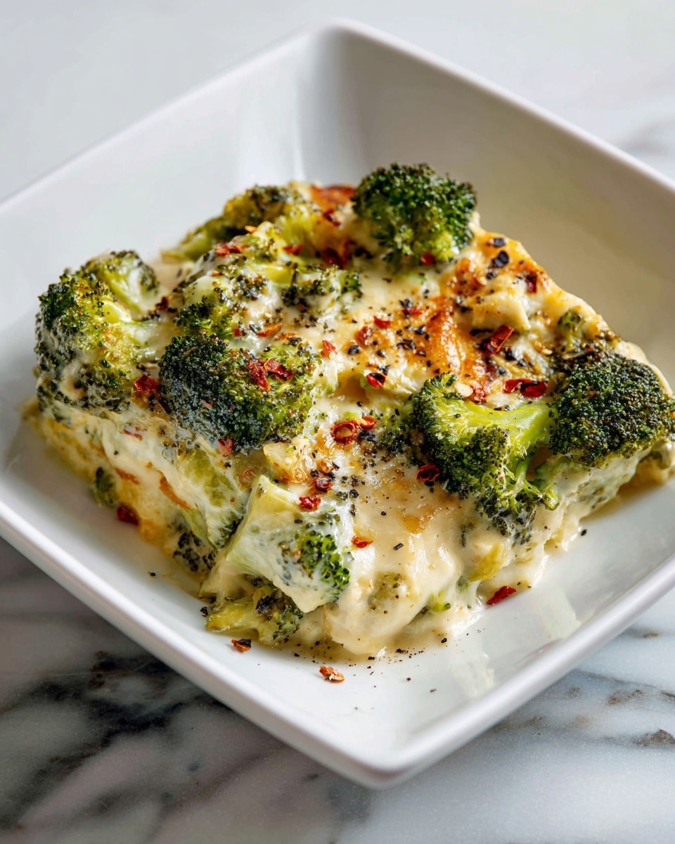 White rectangular baking dish filled with a creamy baked broccoli casserole, generously topped with melted cheese, scattered red pepper flakes, and herbs, showing vibrant green broccoli florets nestled in the rich, golden-brown sauce; the entire dish is photographed from a 3/4 angle on a white marble surface with natural lighting, styled as a hero food magazine shot. photo taken with an iphone --ar 4:5 --v 7