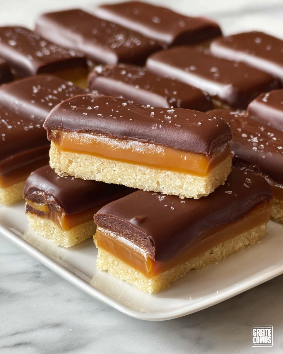 White rectangular platter filled with multiple uniform homemade chocolate-coated bars, each featuring a thick caramel layer on top of a moist vanilla cake base beneath smooth milk chocolate, arranged neatly in rows, whole dish photographed from a 3/4 angle on pristine white marble background with natural lighting, professional food magazine hero shot photo taken with an iphone --ar 4:5 --v 7