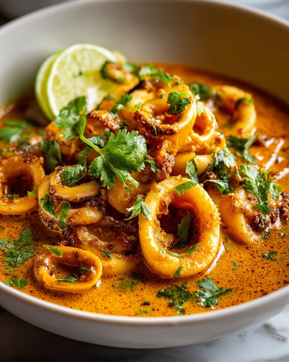 Large white bowl filled with a rich, vibrant seafood curry featuring whole tender calamari rings cooked to golden perfection, submerged in a thick, fragrant curry sauce with visible slices of green bell peppers and red chili peppers, garnished with fresh sprigs of parsley, whole dish presented from a 3/4 angle on a white marble countertop with natural lighting, styled as a professional food magazine hero shot photo taken with an iphone --ar 4:5 --v 7