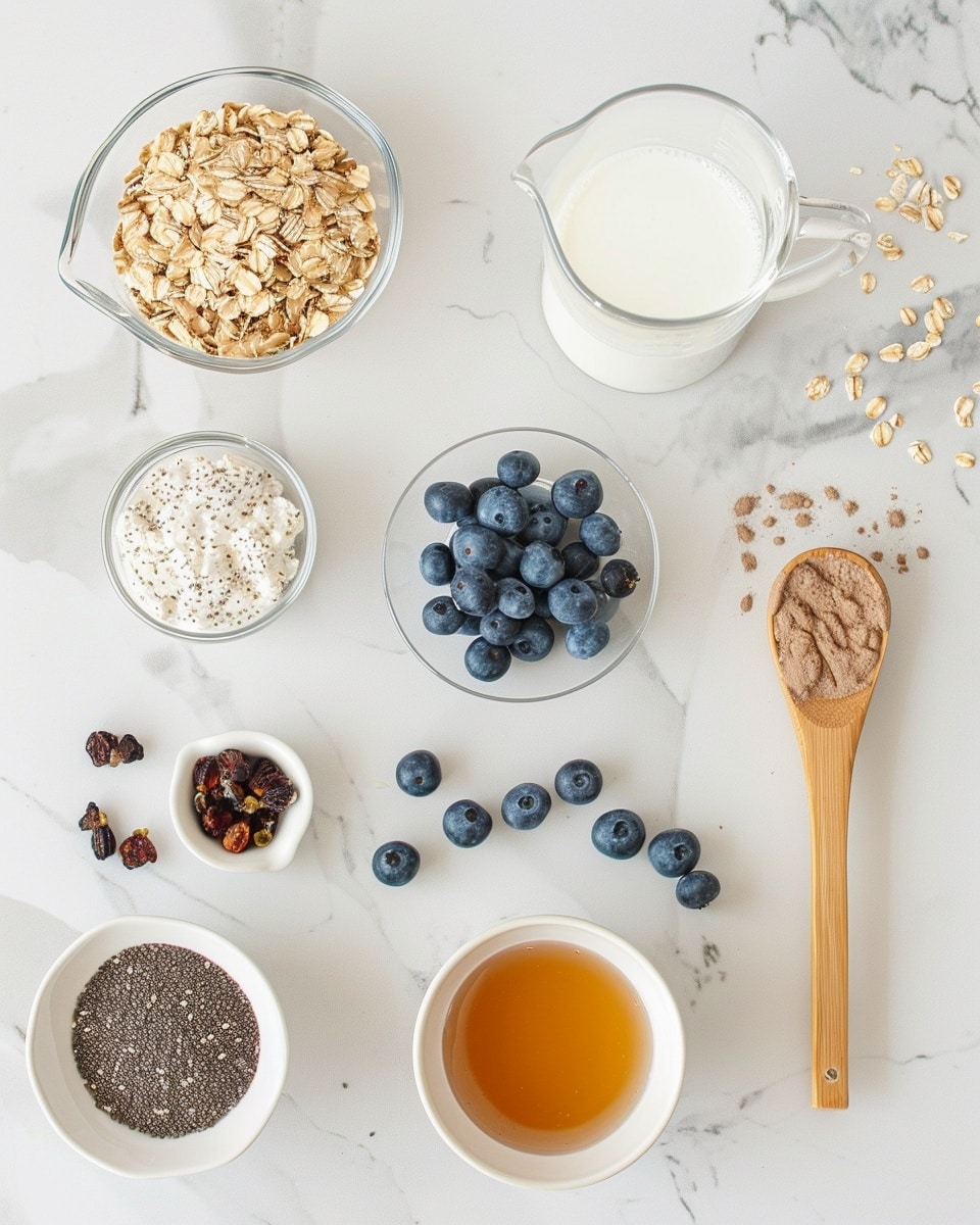 Close-up of a single white bowl containing a creamy, textured serving of overnight oats mixed with chia seeds, topped generously with fresh plump blueberries, highlighting the oatmeal’s thick, layered texture and tiny black chia seeds dispersed throughout, placed on a white marble surface with natural light enhancing the soft, inviting colors, styled as a ready-to-eat healthy breakfast portion, photo taken with an iphone --ar 4:5 --v 7