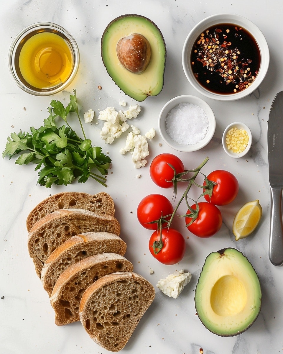 One white plate with a single slice of toasted rustic bread topped generously with mashed avocado, vibrant halved cherry tomatoes, and crumbled white cheese, drizzled with a glossy balsamic glaze that pools slightly on the plate edges, close-up angle highlighting the creamy avocado texture, fresh tomato juiciness, and crumbly cheese layers, natural lighting on a white marble surface creating an intimate, styled food blog serving photo taken with an iphone --ar 4:5 --v 7