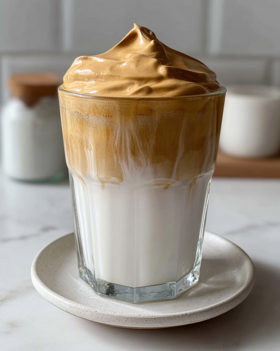 Large white tray filled with multiple tall glasses of creamy dalgona coffee, each glass layered with fluffy, frothy whipped coffee foam sitting atop cold milk, arranged neatly on a white marble countertop, professional 3/4 angle lighting highlighting the smooth texture of the foam, styled like a magazine hero shot, photo taken with an iphone --ar 4:5 --v 7