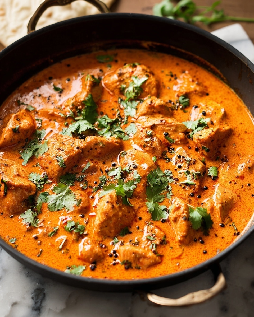 Large black skillet filled with creamy orange butter chicken curry, showcasing tender chicken pieces simmered in a rich tomato and cream sauce, garnished with fresh cilantro leaves and black peppercorns, whole dish photographed from a 3/4 angle on a white marble countertop with natural lighting, professional food styling photo taken with an iphone --ar 4:5 --v 7
