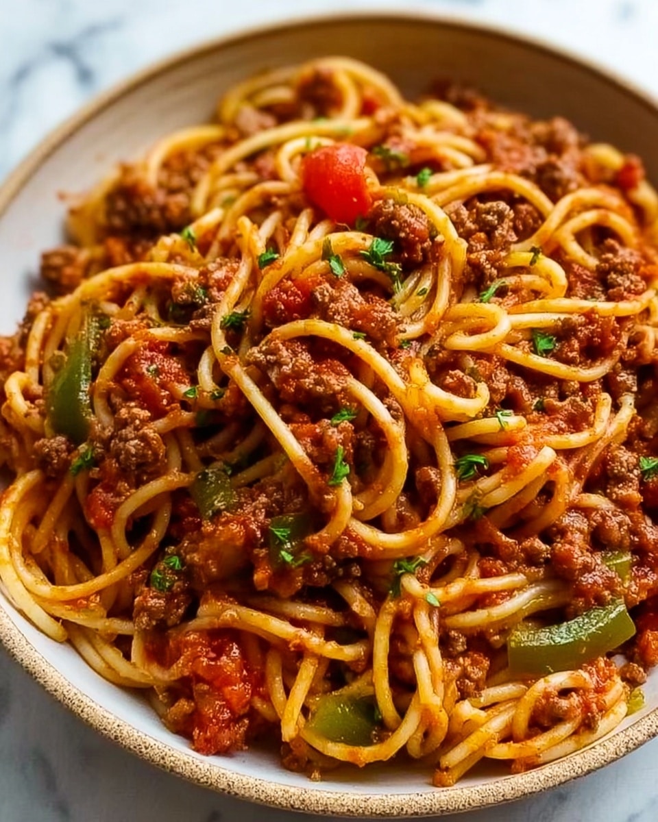 Large white ceramic bowl filled with a generous serving of classic spaghetti bolognese, featuring thick strands of al dente pasta tossed with rich, savory ground meat sauce made from tomatoes, minced beef, finely diced carrots, and green bell peppers, garnished with fresh herbs, whole dish photographed from a 3/4 angle on a white marble countertop with natural lighting, professional food magazine hero shot photo taken with an iphone --ar 4:5 --v 7
