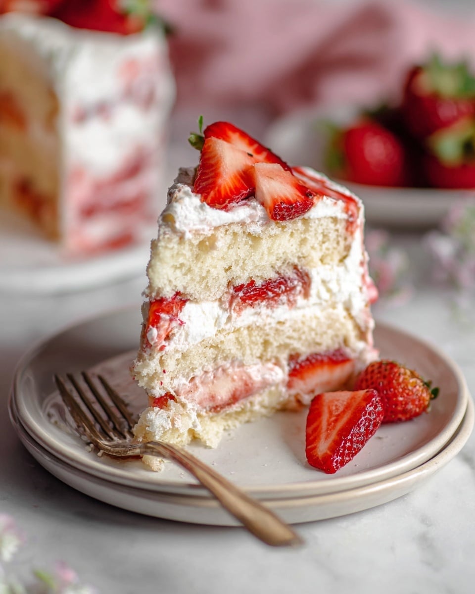 Whole white round cake on a white marble cake stand, beautifully decorated with smooth swirls of white and pink-tinted cream frosting infused with strawberry puree, topped with fresh halved strawberries arranged artistically on one side, surrounded by a few scattered whole and halved strawberries and small bowls of strawberry sauce and fresh berries, set against a white marble background in natural lighting, professional food magazine hero shot photo taken with an iphone --ar 4:5 --v 7