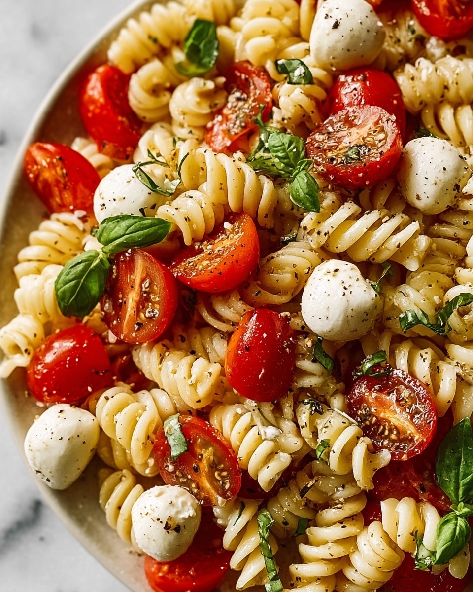 Large white bowl filled with whole rotini pasta salad, vibrant cherry tomatoes in red and yellow halved, fresh mini mozzarella balls, and scattered torn basil leaves, all tossed in a pesto dressing with visible herbs, whole dish photographed from a 3/4 angle on white marble countertop with natural light, professional food styling photo taken with an iphone --ar 4:5 --v 7