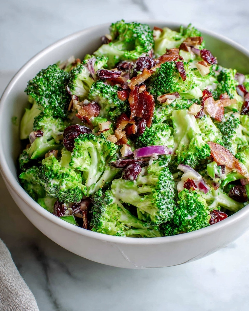 Large white bowl filled to the brim with fresh broccoli salad, featuring vibrant green broccoli florets, thinly sliced red onions, dried cranberries, and toasted almond slices, all coated evenly in a creamy dressing, presented as a whole dish on a white marble countertop with natural lighting, styled like a hero food magazine shot, photo taken with an iphone --ar 4:5 --v 7