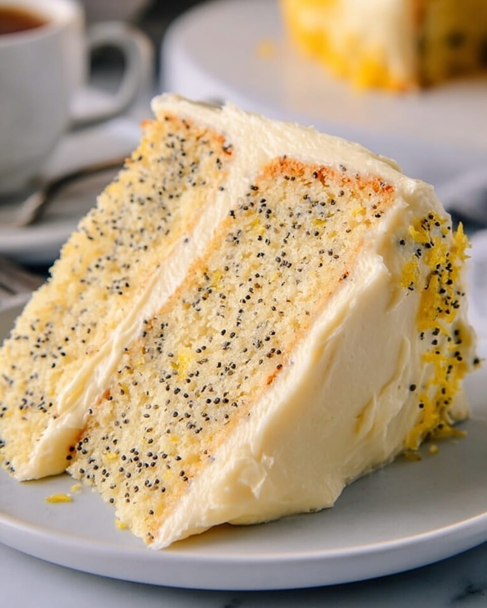 A whole, round white cake elegantly covered with smooth white buttercream frosting, decorated with a neat ring of piped rosettes around the top edge, each rosette sprinkled lightly with poppy seeds, presented on a white background with natural lighting highlighting the creamy texture and delicate decoration, captured from a 3/4 angle to show the entire cake in frame on a white marble surface, professional food styling photo taken with an iphone --ar 4:5 --v 7
