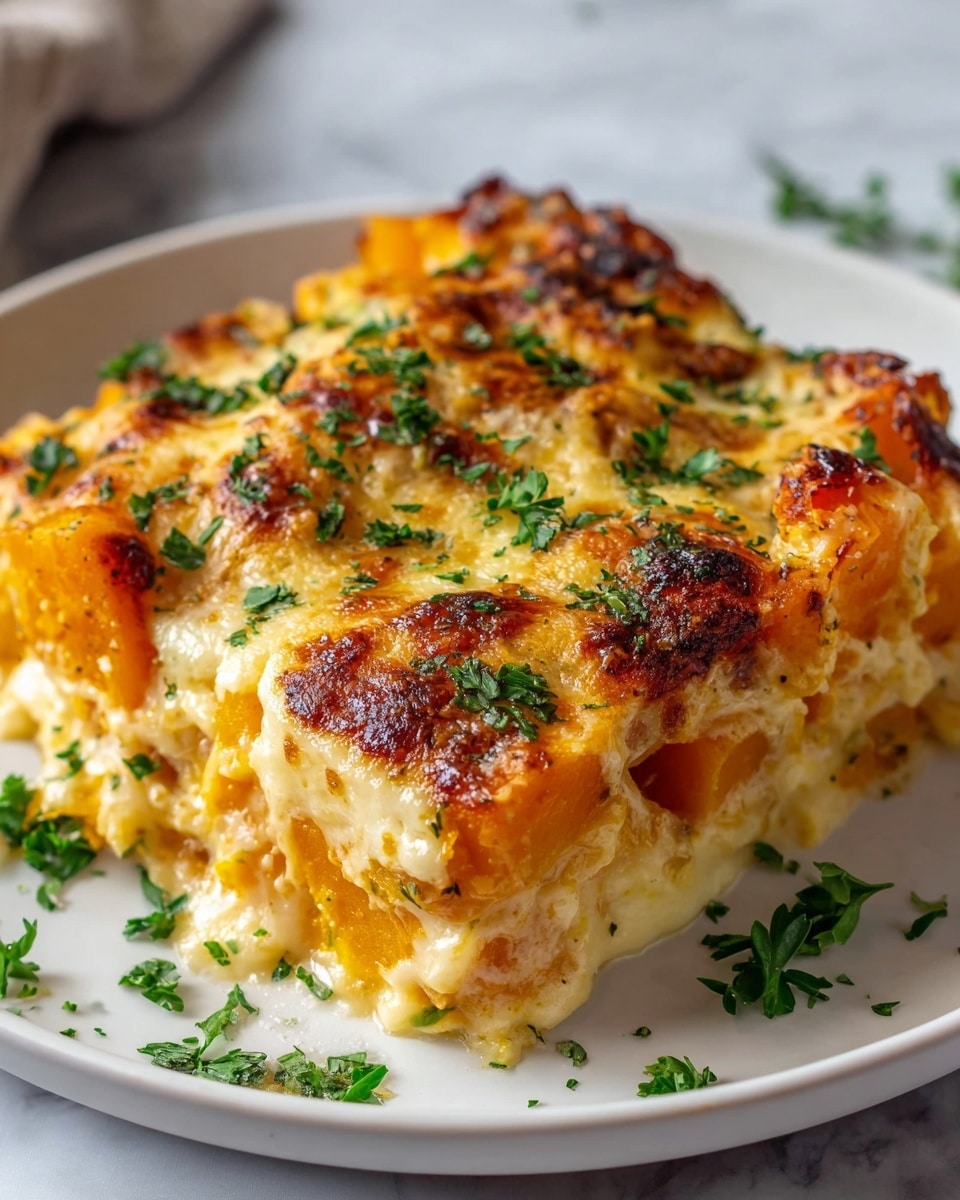Rectangular white baking dish filled with a whole, freshly baked cheesy butternut squash casserole, featuring a golden-brown crust with bubbly melted cheese layered over tender cubes of vibrant orange squash, sprinkled with fresh green parsley for garnish, displayed at a 3/4 angle on a white marble countertop with natural light highlighting the rich textures, styled like a hero shot from a food magazine, photo taken with an iphone --ar 4:5 --v 7