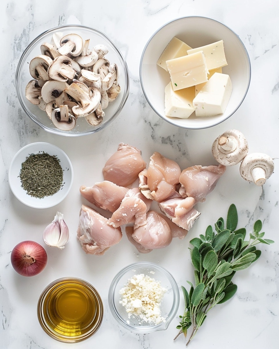 Single white bowl with a close-up view of a creamy mushroom and herb stew showcasing tender chunks of chicken pieces immersed in a velvety sauce, topped with golden-brown sautéed mushroom slices and fresh thyme sprigs, steam gently rising, placed on a white marble surface with a hint of soft natural lighting, styled as a warm and inviting individual serving from a food blog, photo taken with an iphone --ar 4:5 --v 7
