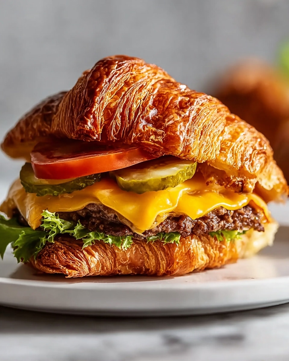 A large white plate filled with a full croissant sandwich, showcasing a whole golden, flaky croissant stuffed generously with melted cheddar cheese, caramelized onions, sliced pickles, and fresh tomato slices, arranged to highlight the layers and textures of the sandwich, photographed from a 3/4 angle on a white marble countertop with natural lighting, professional food styling, whole dish photo taken with an iphone --ar 4:5 --v 7