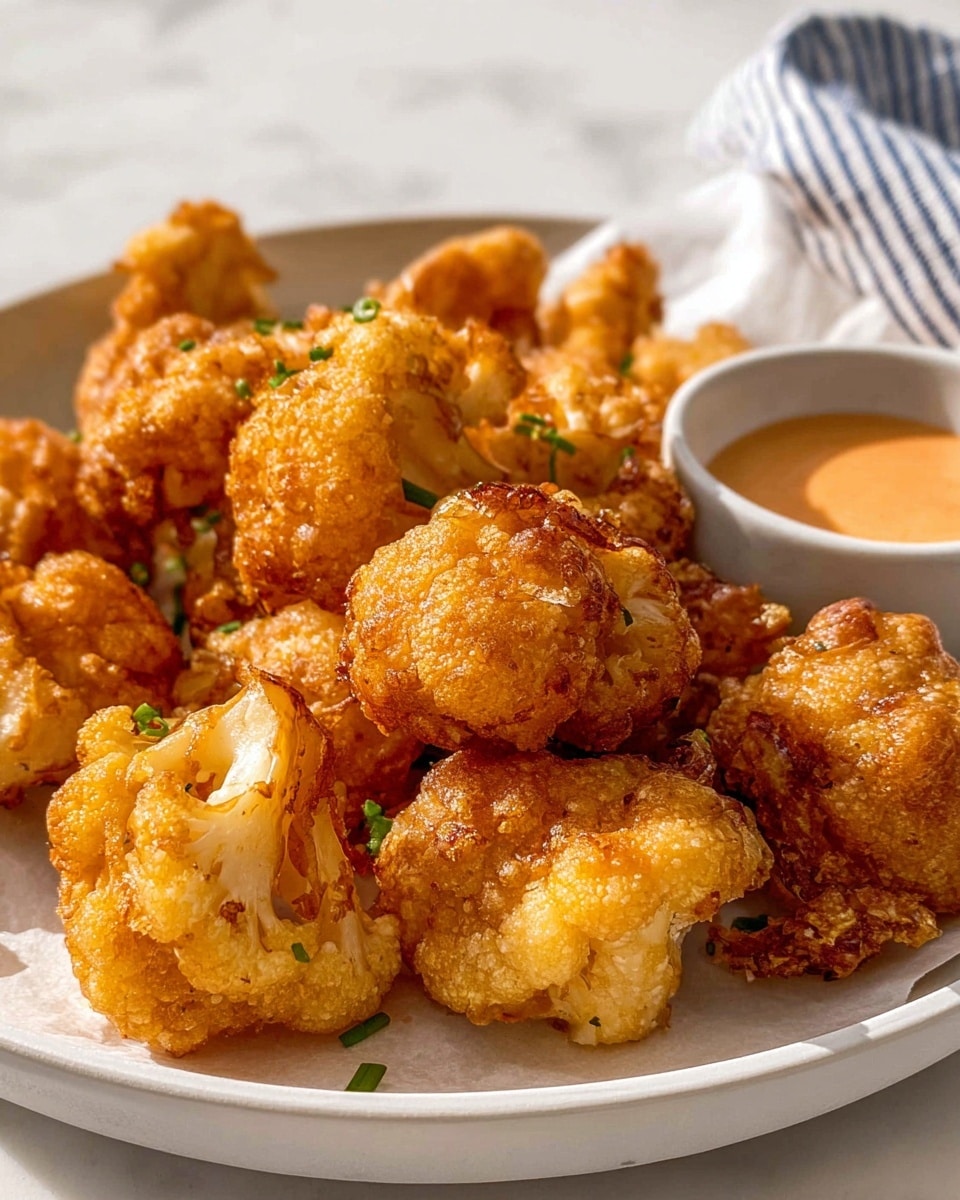 Large white bowl filled with an abundant serving of golden, crispy fried cauliflower fritters, each piece perfectly battered and fried to a crunchy texture, arranged together on white parchment paper, accompanied by a gold and white fork resting on the side, set on a white marble countertop with a white and blue patterned cloth nearby, natural lighting highlighting the rich colors and textures, professional food magazine style hero shot, photo taken with an iphone --ar 4:5 --v 7