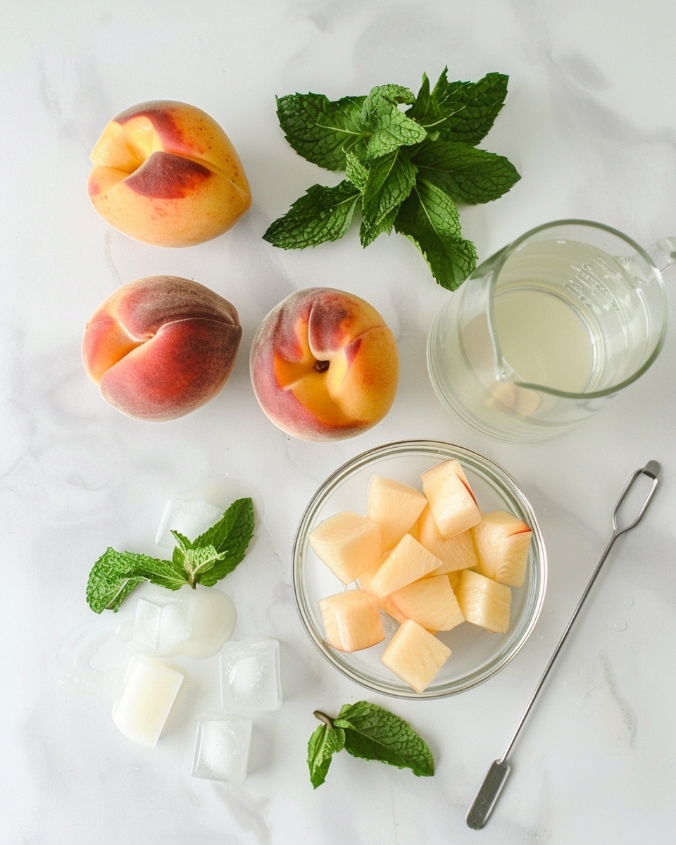 Single white ceramic cup filled with a freshly blended peach smoothie, topped with a frothy layer and garnished with a vibrant green mint leaf and a bright peach slice on the rim, a yellow and white striped paper straw inserted, close-up angled shot revealing creamy texture and soft peach swirls inside the drink, placed on a white marble surface, styled like a fresh serving from a food blog, natural lighting, intimate plated serving photo taken with an iphone --ar 4:5 --v 7