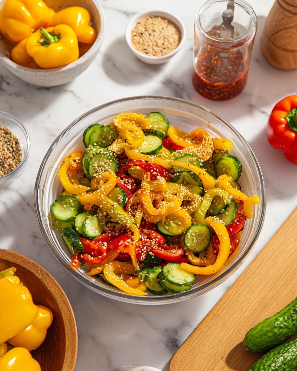 Large white bowl filled with a vibrant, fresh salad of whole mini yellow and red bell peppers, sliced crisp cucumbers, and bright yellow peppers tossed with a flavorful sesame seasoning, surrounded by complementary dishes and ingredients such as a bowl of whole mini yellow peppers, a small dish of chili sauce, and a wooden bowl of mixed sesame seeds on a white marble countertop, natural lighting highlighting the freshness, professional food magazine hero shot photo taken with an iphone --ar 4:5 --v 7