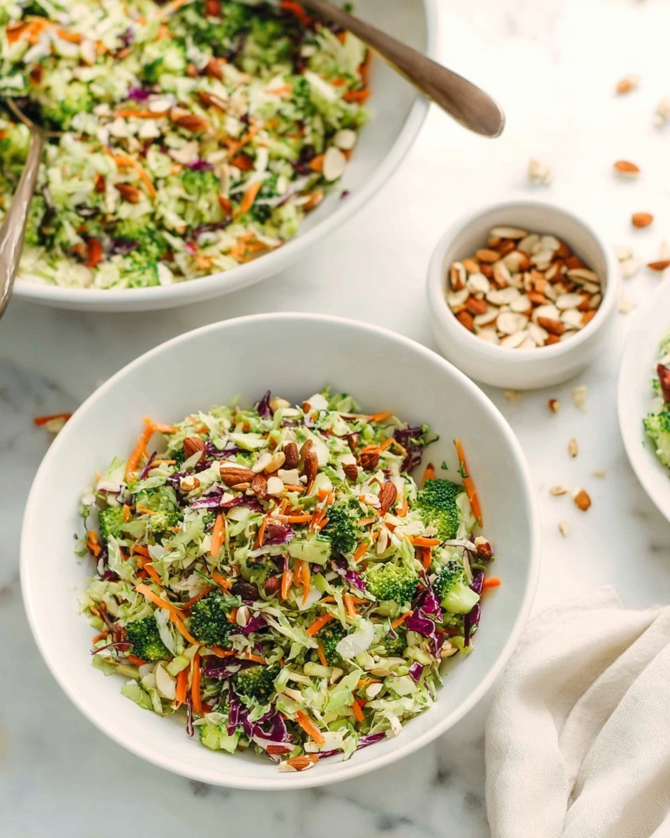 Two large white serving bowls filled with vibrant, freshly chopped broccoli salad featuring finely shredded broccoli florets, crunchy celery, julienned carrots, chopped almonds, sunflower seeds, and bits of red cabbage, mixed with a light dressing, garnished with fresh herbs, with a small white bowl filled with chopped almonds nearby, all set on a white marble background under natural lighting, professional food styling photo taken with an iphone --ar 4:5 --v 7