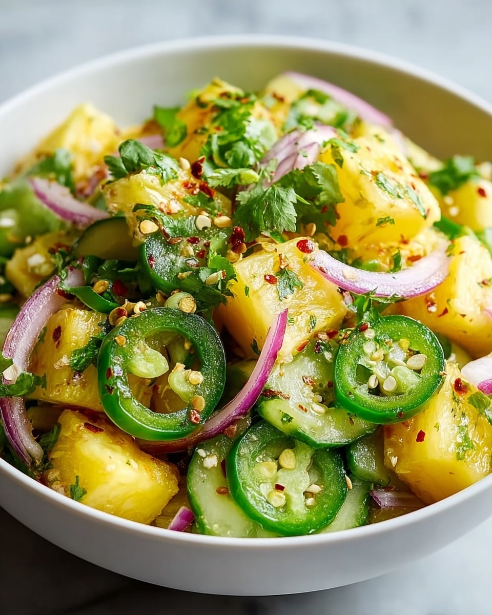 Large white serving bowl filled with a vibrant pineapple salad featuring whole chunks of fresh yellow pineapple, thinly sliced crisp cucumber, rings of bright green jalapeño peppers, and delicate strips of red onion, all tossed with finely chopped cilantro and sprinkled with red chili flakes for a spicy kick, shot at a 3/4 angle with natural lighting on a white marble background, the entire colorful salad beautifully styled and in full view, professional food magazine hero shot photo taken with an iphone --ar 4:5 --v 7