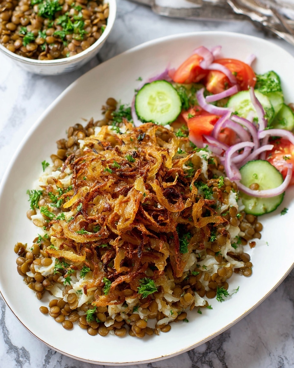 Large white serving bowl filled with a generous portion of spiced lentil and basmati rice pilaf, featuring fluffy grains mixed with tender lentils, crispy fried onions, and scattered fresh green cilantro leaves, showcasing the full hearty dish with vibrant textures, photographed at a 3/4 angle on a white marble countertop under natural lighting, professional food magazine style photo taken with an iphone --ar 4:5 --v 7