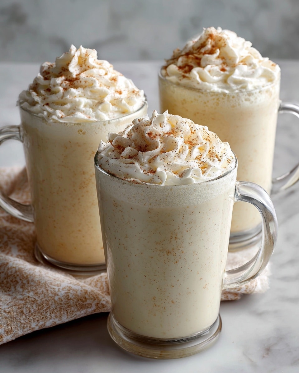 Three tall white mugs filled to the brim with creamy eggnog, each topped with a generous swirl of whipped cream and a light dusting of ground cinnamon, arranged side by side on a white marble countertop, shot from a professional 3/4 angle with natural lighting, showing the entire set as the complete presentation of this festive holiday beverage, like a hero shot from a food magazine, photo taken with an iphone --ar 4:5 --v 7