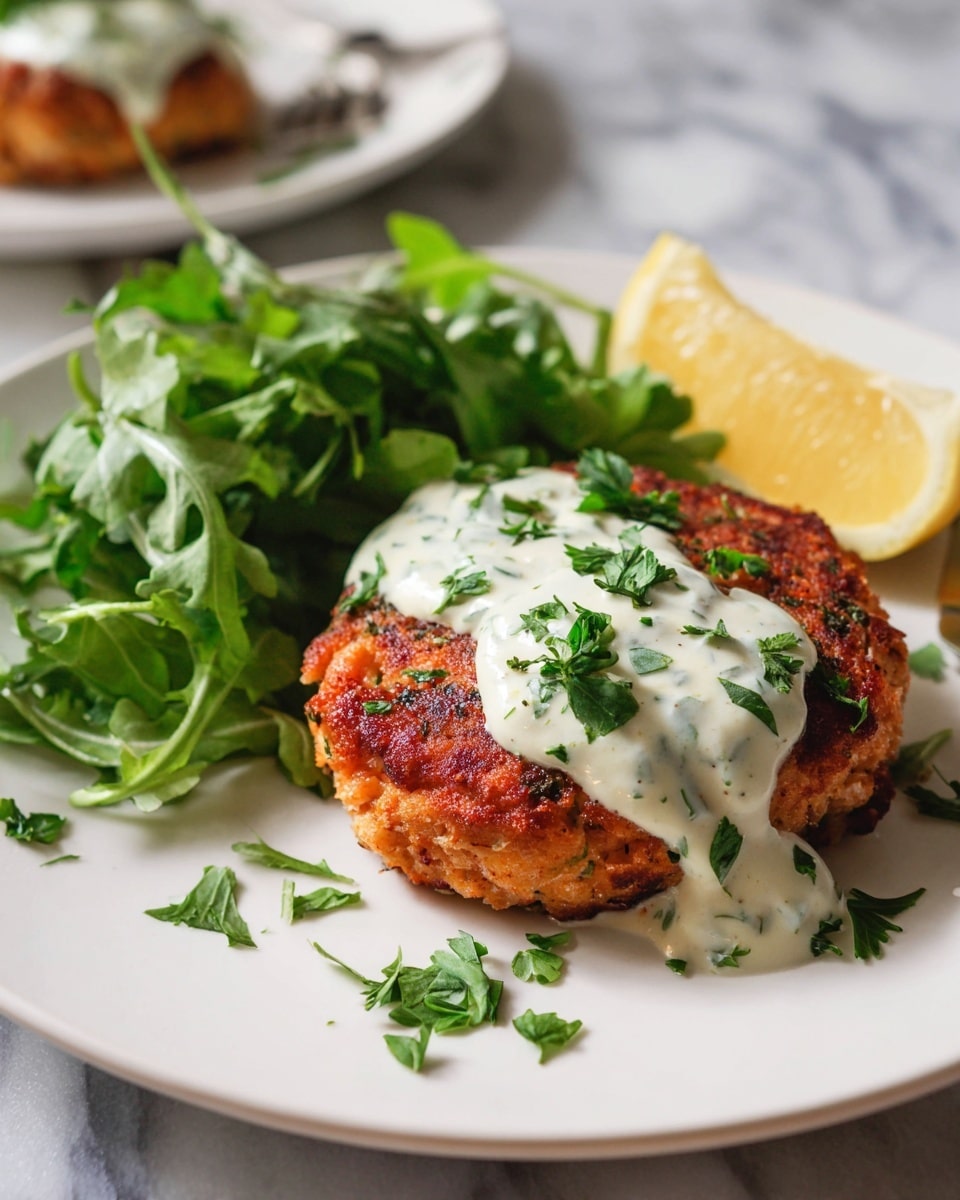 Large white serving platter showcasing a full batch of golden-brown salmon patties topped with creamy, herb-speckled white sauce, surrounded by fresh green leafy salad and lemon wedges for garnish, arranged neatly to highlight their crispy texture and vibrant colors, photographed from a 3/4 angle on a white marble countertop with natural lighting, professional food styling photo taken with an iphone --ar 4:5 --v 7