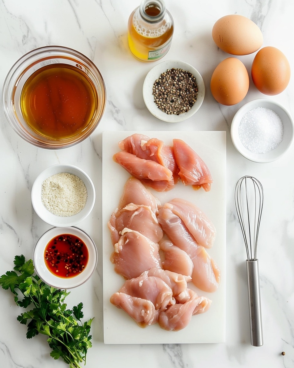 Single white plate displaying one crispy fried chicken tender glazed with vibrant buffalo sauce, close-up angle emphasizing the crunchy textured breading sprinkled with fresh chopped parsley, glossy sauce pooling slightly around the piece, natural lighting highlighting the golden crust, set against a white marble surface, intimate plated serving photo taken with an iphone --ar 4:5 --v 7