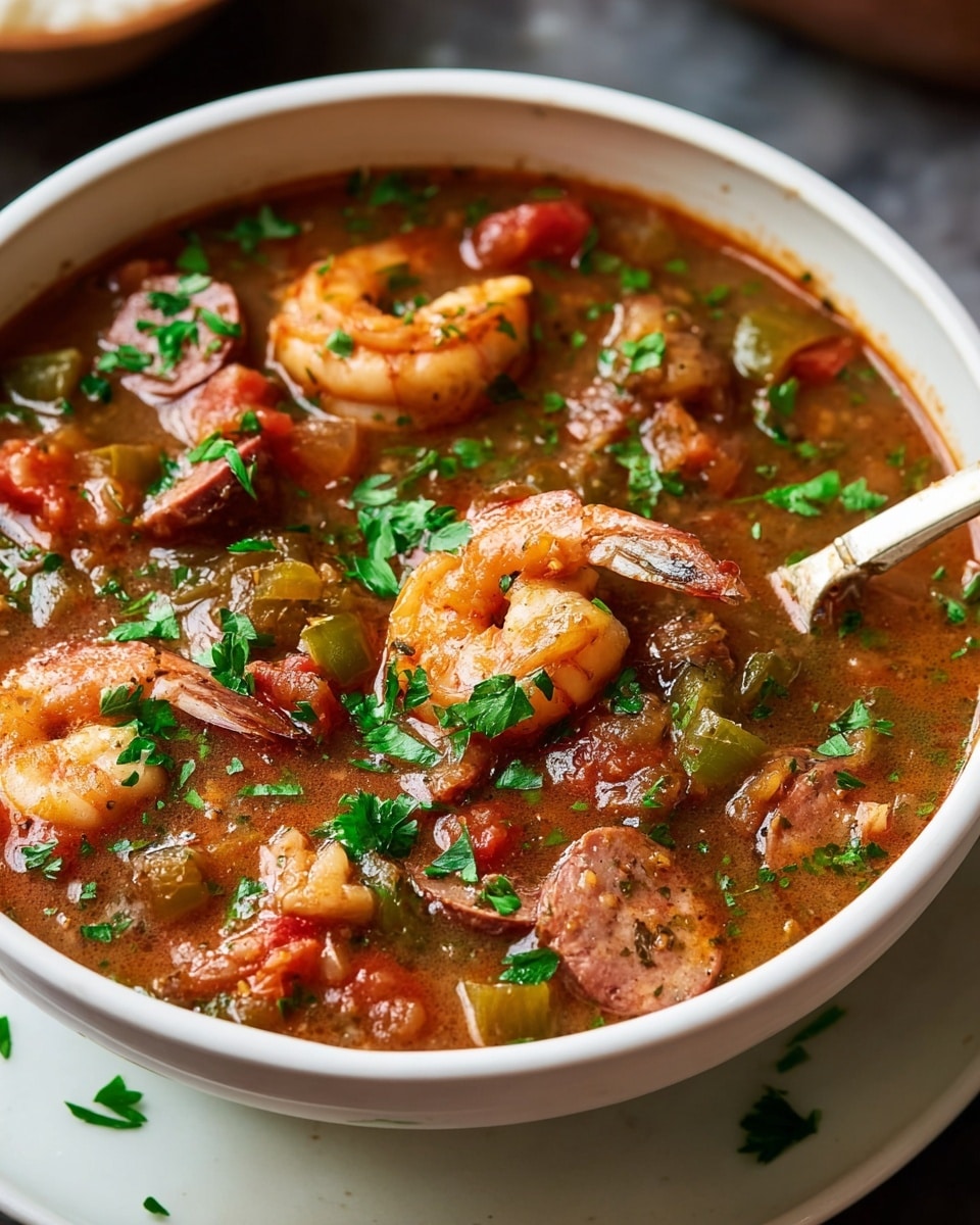 Large white bowl filled to the brim with a rich, hearty seafood gumbo featuring succulent whole shrimp, tender pieces of sausage, okra, celery, and diced tomatoes simmered in a deeply spiced dark roux-based broth, garnished with freshly chopped parsley and accompanied by a side of fluffy white rice in a matching white bowl on a white marble countertop, captured in natural lighting with a professional 3/4 angle food magazine style hero shot, photo taken with an iphone --ar 4:5 --v 7