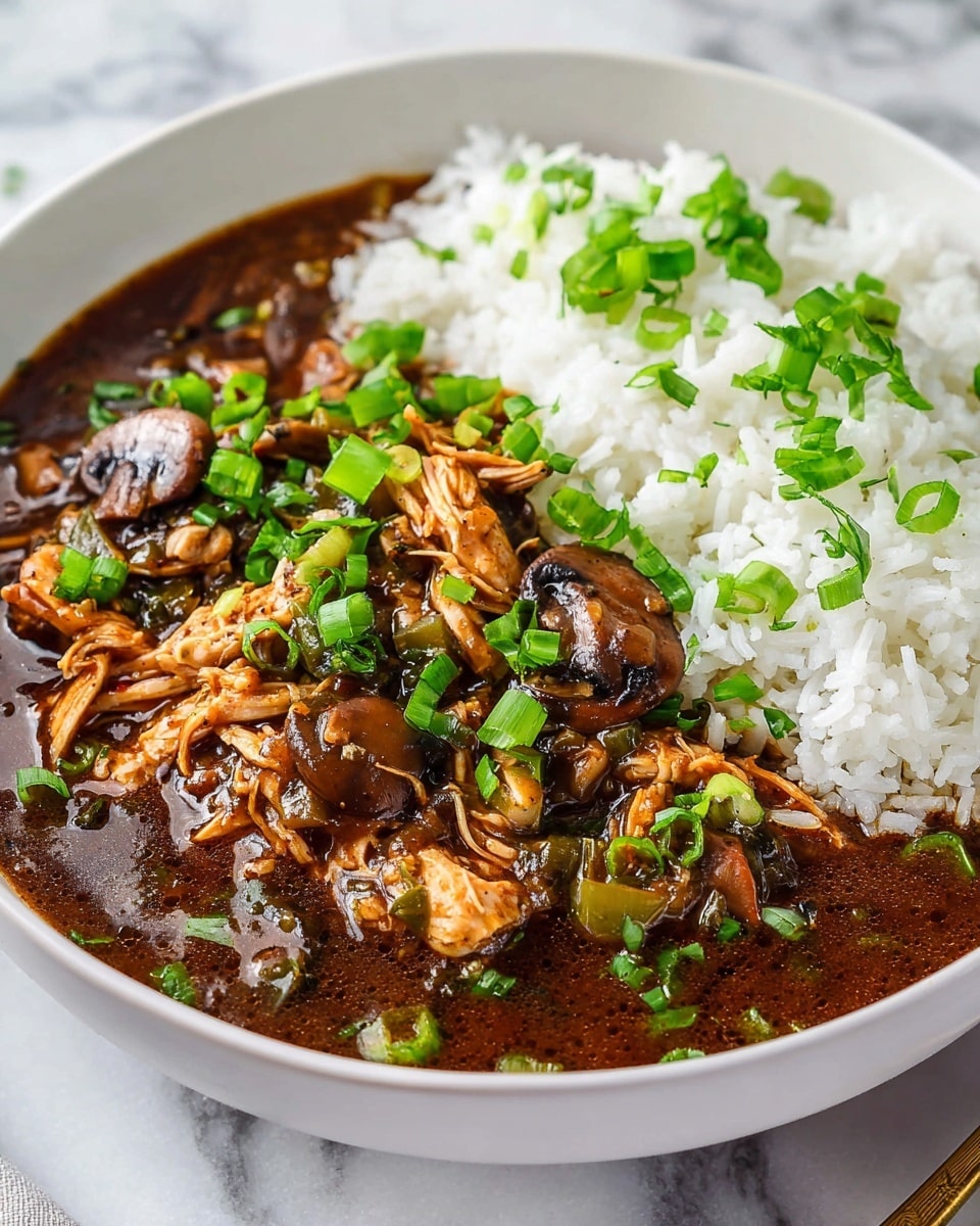 Large white serving bowl filled with rich, hearty gumbo showcasing tender chunks of chicken, andouille sausage, okra, and sliced mushrooms in a dark, savory roux-based sauce, served alongside fluffy white rice perfectly fluffed within the same bowl, accompanied by a large crusty French baguette on a white marble countertop, garnished with fresh sliced green onions, natural lighting highlighting the textures and colors, professional food magazine style hero shot photo taken with an iphone --ar 4:5 --v 7