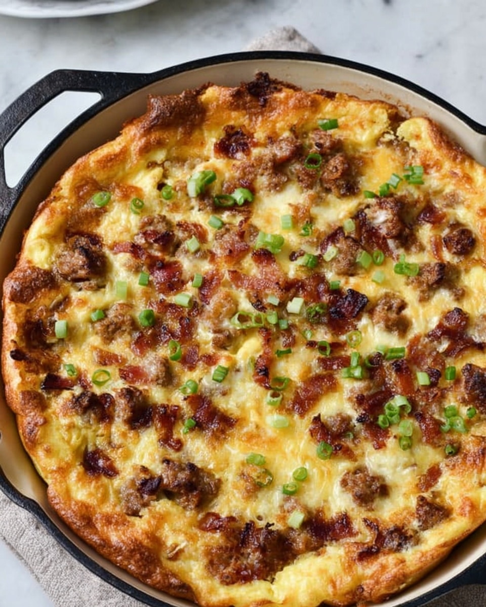Large white cast iron skillet filled with a whole, uncut breakfast casserole featuring a golden, bubbly cheese crust blended with bits of crispy bacon, savory sausage chunks, and finely chopped green onions scattered evenly on top, fresh out of the oven, presented on a white marble countertop with natural lighting for a bright, appetizing look, professional food magazine style photo taken with an iphone --ar 4:5 --v 7