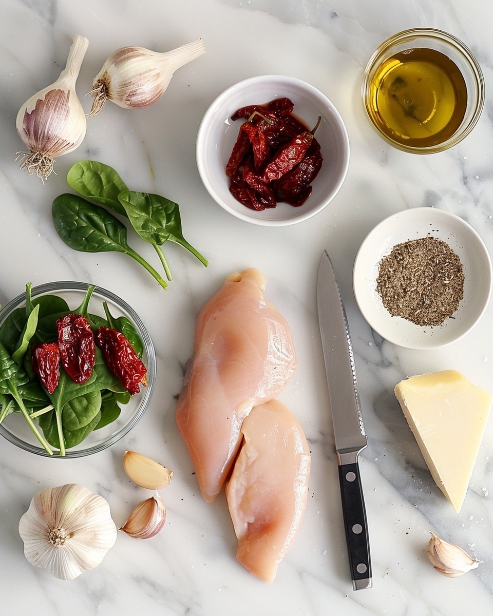 Single white plate featuring a close-up of one stuffed chicken breast portion, sliced open to reveal a generous filling of sautéed spinach, sun-dried tomatoes, and melted cheese, showcasing the tender, seasoned chicken exterior with a slight golden crust, vibrant greens and reds contrasting with creamy melted cheese inside, natural lighting highlighting the juicy texture and layers, presented on a white marble surface, styled like a food blog's intimate plated serving photo taken with an iphone --ar 4:5 --v 7