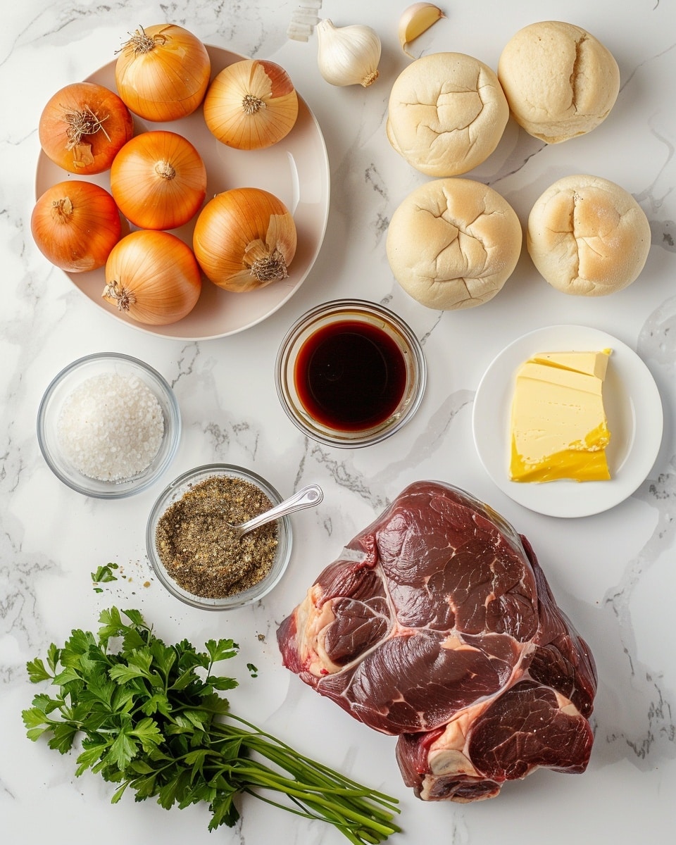 Single white plate with one plated portion of a French dip sandwich featuring tender shredded roast beef piled generously inside a crusty golden toasted hoagie roll, topped with melted white cheese cascading slightly over the edges, sprinkled with fresh green parsley flakes, accompanied by a small white ramekin of dark savory au jus sauce on the side, close-up angled shot revealing the juicy beef texture and soft interior bread layers, set on a pristine white marble surface, natural lighting enhancing the rustic and inviting textures, intimate plated serving photo taken with an iphone --ar 4:5 --v 7