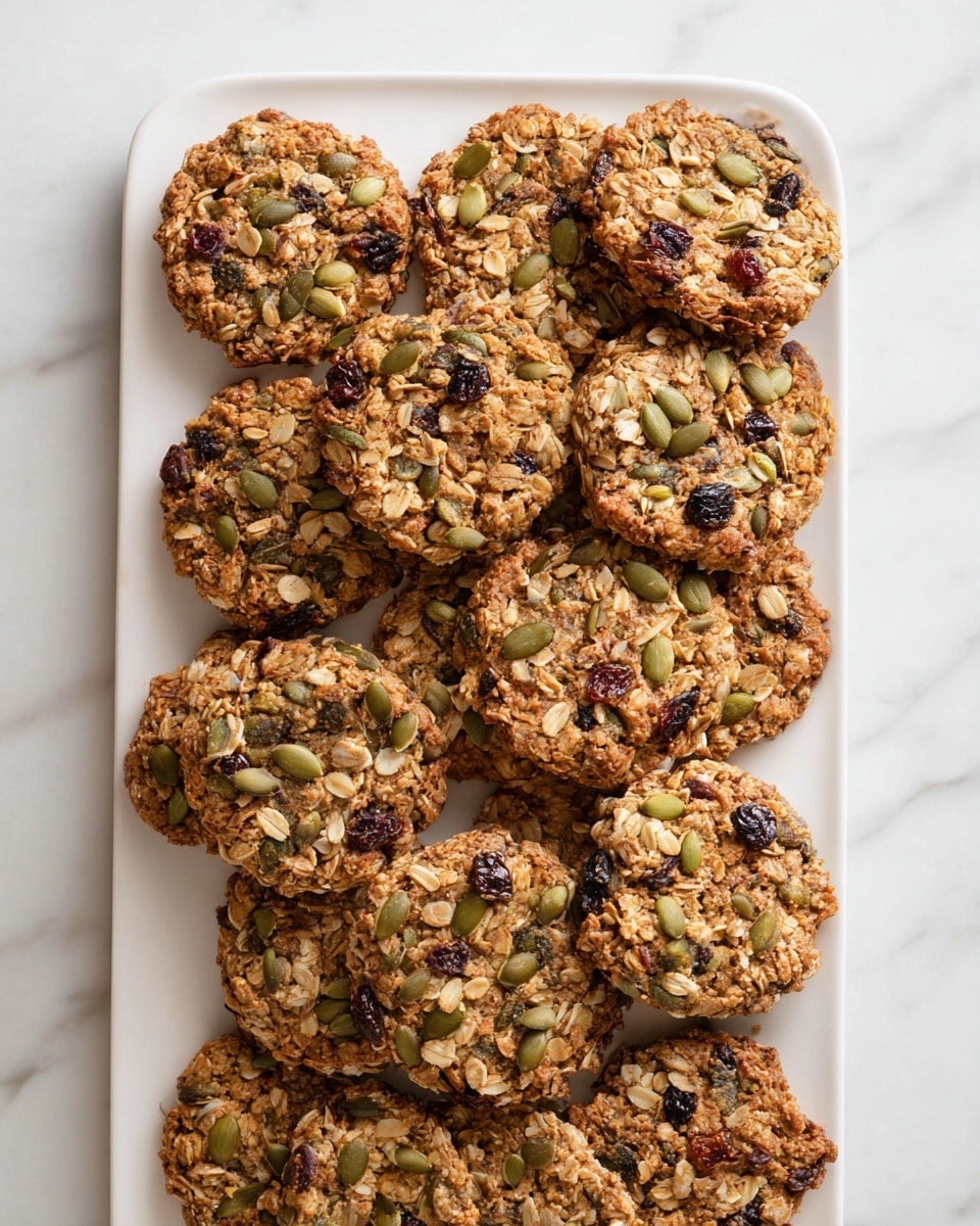 Large white rectangular platter filled with an assortment of whole oat and seed cookies, each cookie packed with visible pumpkin seeds, flaxseeds, oats, nuts, and dried fruit, perfectly round and evenly spaced on a pristine white marble countertop, natural lighting highlighting the rustic texture and wholesome ingredients, professional food styling photo taken with an iphone --ar 4:5 --v 7
