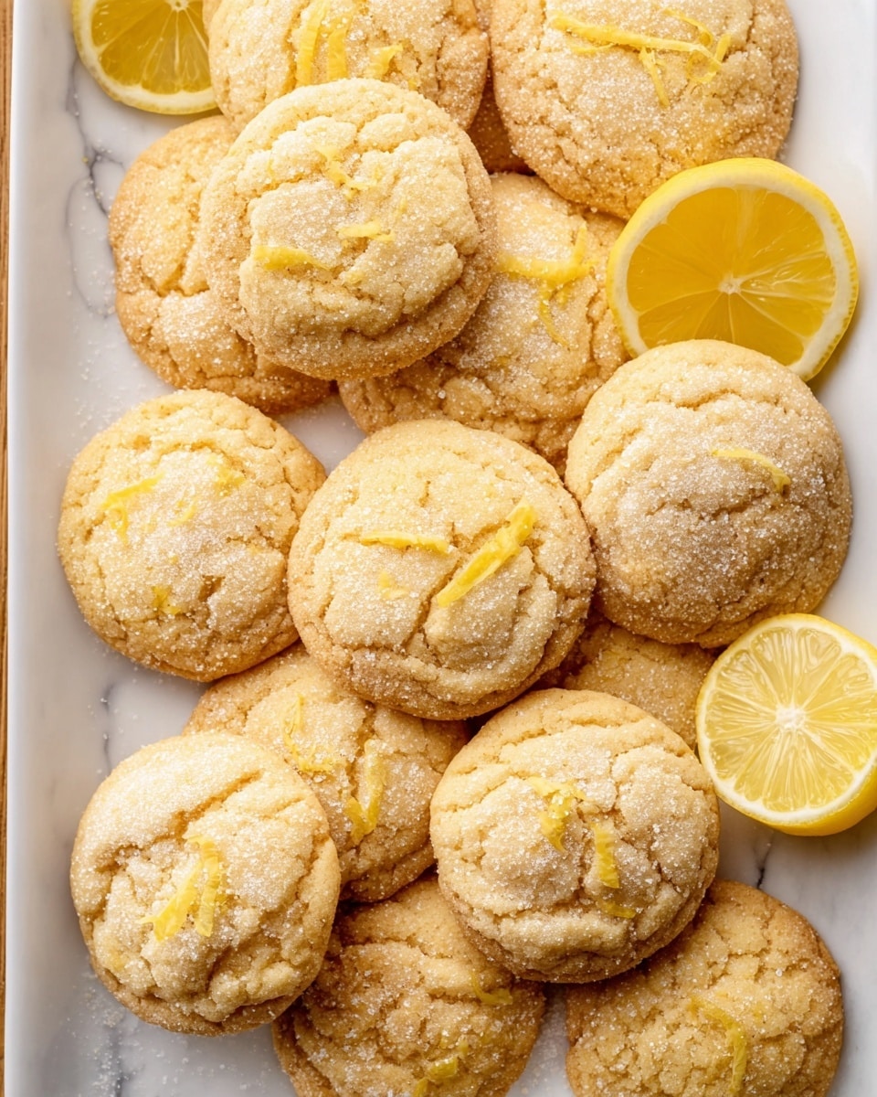 White serving tray filled with a dozen perfectly baked lemon cookies, each one topped with granulated sugar and delicate lemon zest, arranged neatly next to fresh lemon halves for a bright, citrusy visual contrast, whole dish captured from a professional 3/4 angle on a white marble background with natural lighting, styled like a hero shot from a food magazine, photo taken with an iphone --ar 4:5 --v 7