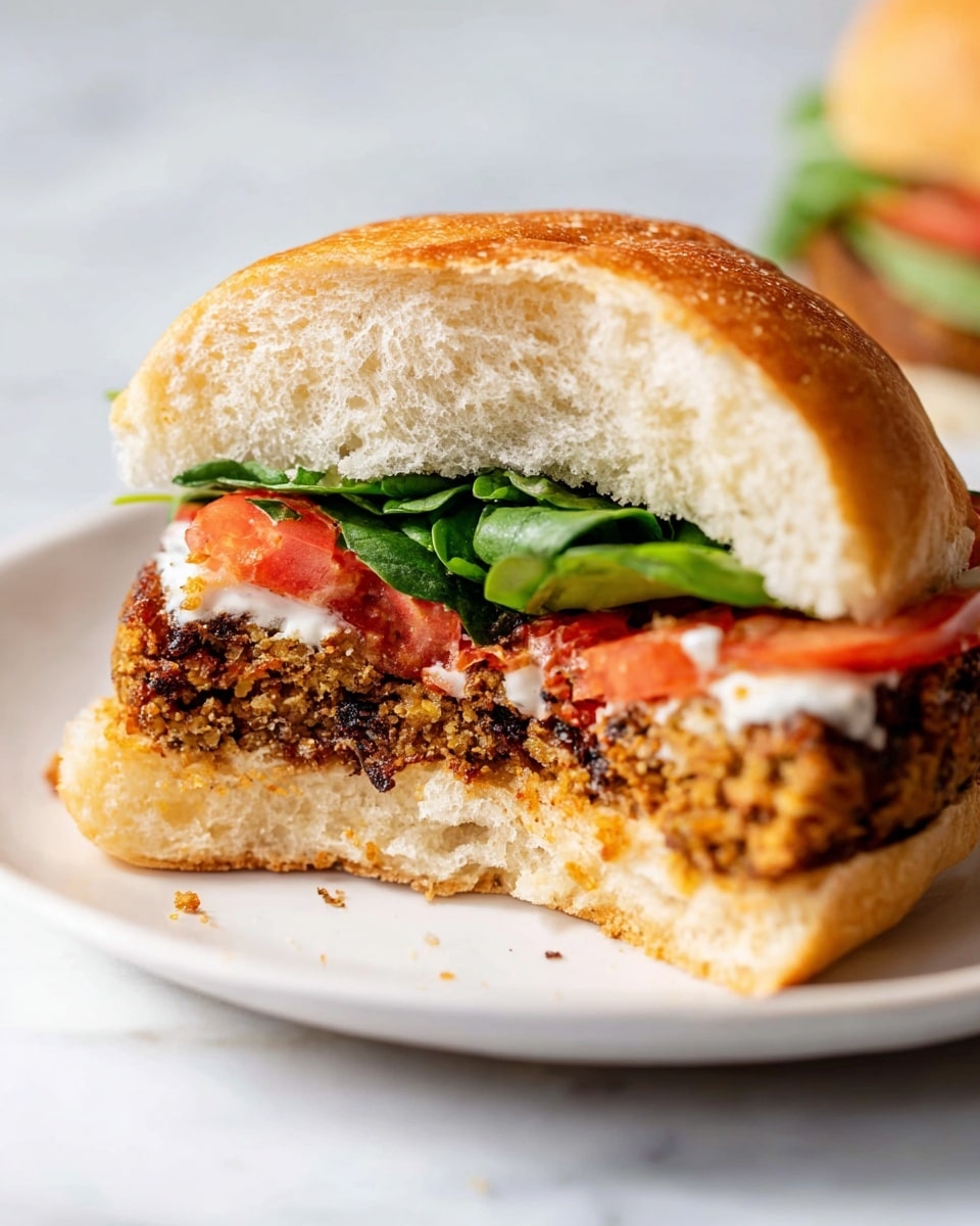 A large white plate holding a whole, uncut veggie burger with a golden-brown, crispy legume and grain patty layered with fresh green spinach leaves, thick juicy tomato slices, creamy white and spicy orange sauces dripping slightly from the soft toasted bun, photo taken with an iphone --ar 4:5 --v 7