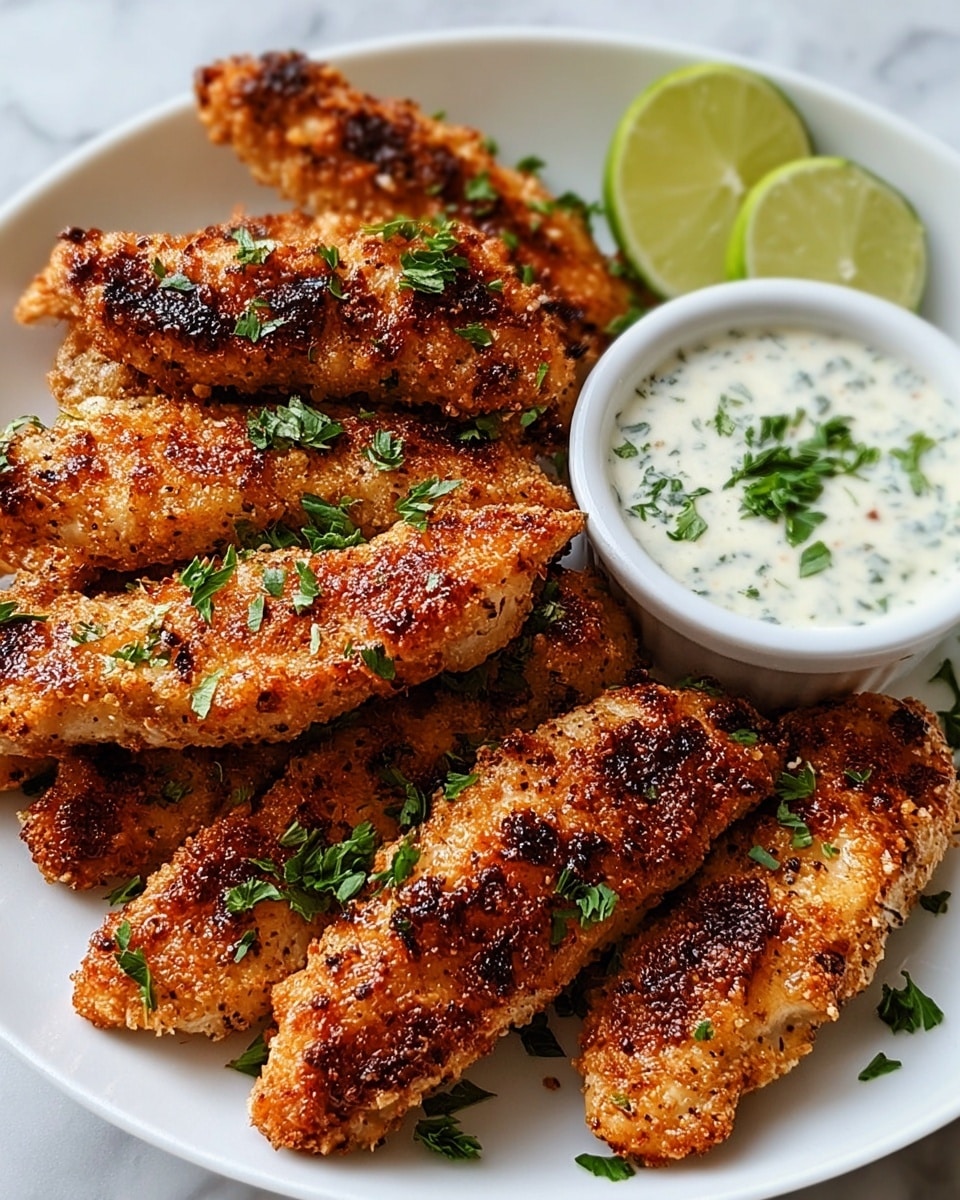 Large white platter heaped with an abundant serving of golden-brown, perfectly crisp fried chicken tenders, each piece seasoned with cracked black pepper and garnished with fresh chopped parsley. Accompanied by a small white ramekin filled with creamy herb dipping sauce, and fresh lime wedges placed on the side for zest, all showcased in a professional 3/4 angle shot on a white marble surface with natural lighting, capturing the entire dish in an inviting food magazine hero style photo taken with an iphone --ar 4:5 --v 7