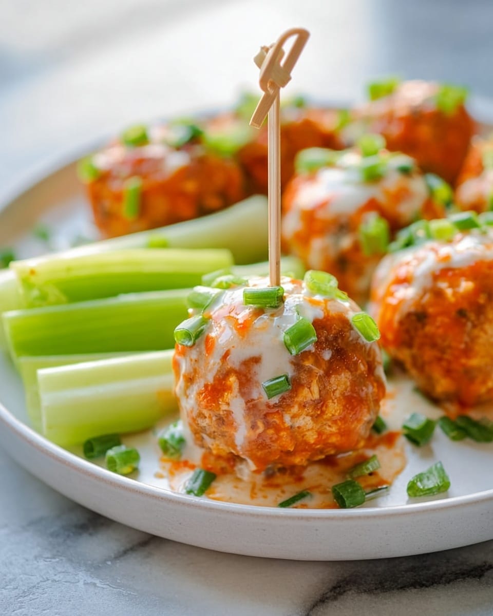 Large white round plate fully filled with golden-orange buffalo chicken meatballs drizzled evenly with creamy white ranch sauce and sprinkled with fresh green chopped chives, accompanied by crisp celery sticks on the side, all styled in an abundant and inviting arrangement, photographed from above on a white marble background with natural lighting, professional food magazine hero shot photo taken with an iphone --ar 4:5 --v 7