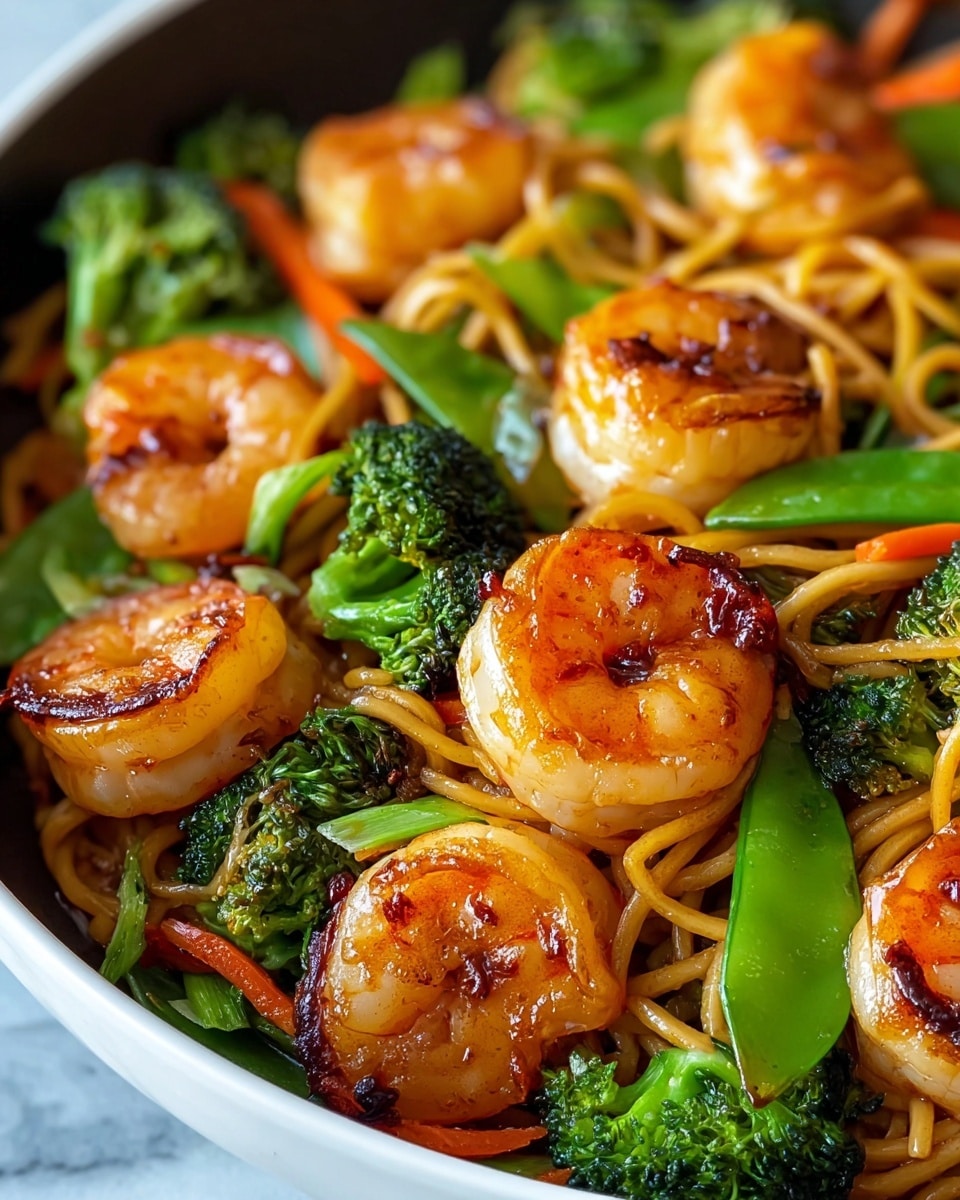 Large white serving bowl filled with a vibrant shrimp stir-fry featuring plump, perfectly cooked shrimp, bright green broccoli florets, crisp orange bell pepper strips, and fresh snap peas tossed with golden, glossy noodles in a savory sauce, entire dish shown from a 3/4 angle on a white marble countertop under natural lighting, professional food styling photo taken with an iphone --ar 4:5 --v 7