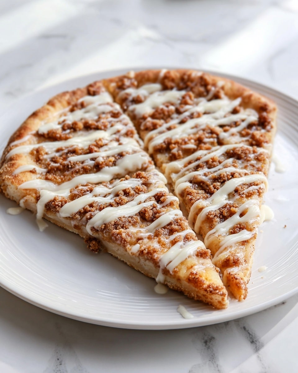 Whole white serving plate featuring a perfectly round cinnamon crumb dessert pizza, richly topped with a golden brown crumbly cinnamon streusel and generously drizzled with smooth white icing in even stripes, the crust lightly baked to a warm golden hue, presented on a white marble countertop with natural light highlighting the textures, professional 3/4 angle food magazine style shot, photo taken with an iphone --ar 4:5 --v 7
