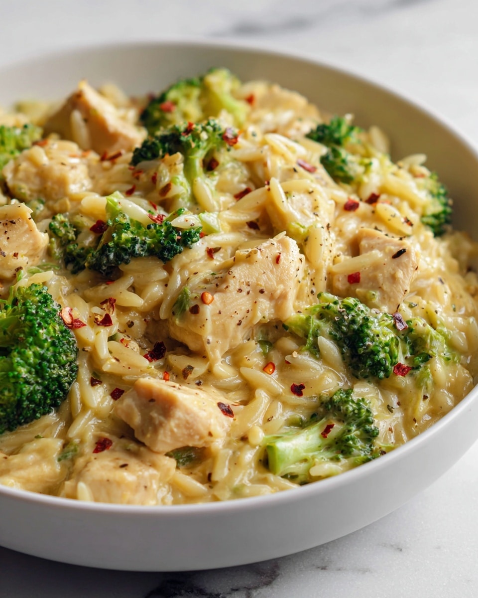 Large stainless steel pan filled with a creamy orzo pasta dish featuring tender pieces of chicken and vibrant green broccoli florets perfectly mixed in a rich sauce, the entire dish displayed against a white marble background with natural lighting, captured from a 3/4 angle to emphasize the hearty and comforting texture, professional food styling photo taken with an iphone --ar 4:5 --v 7