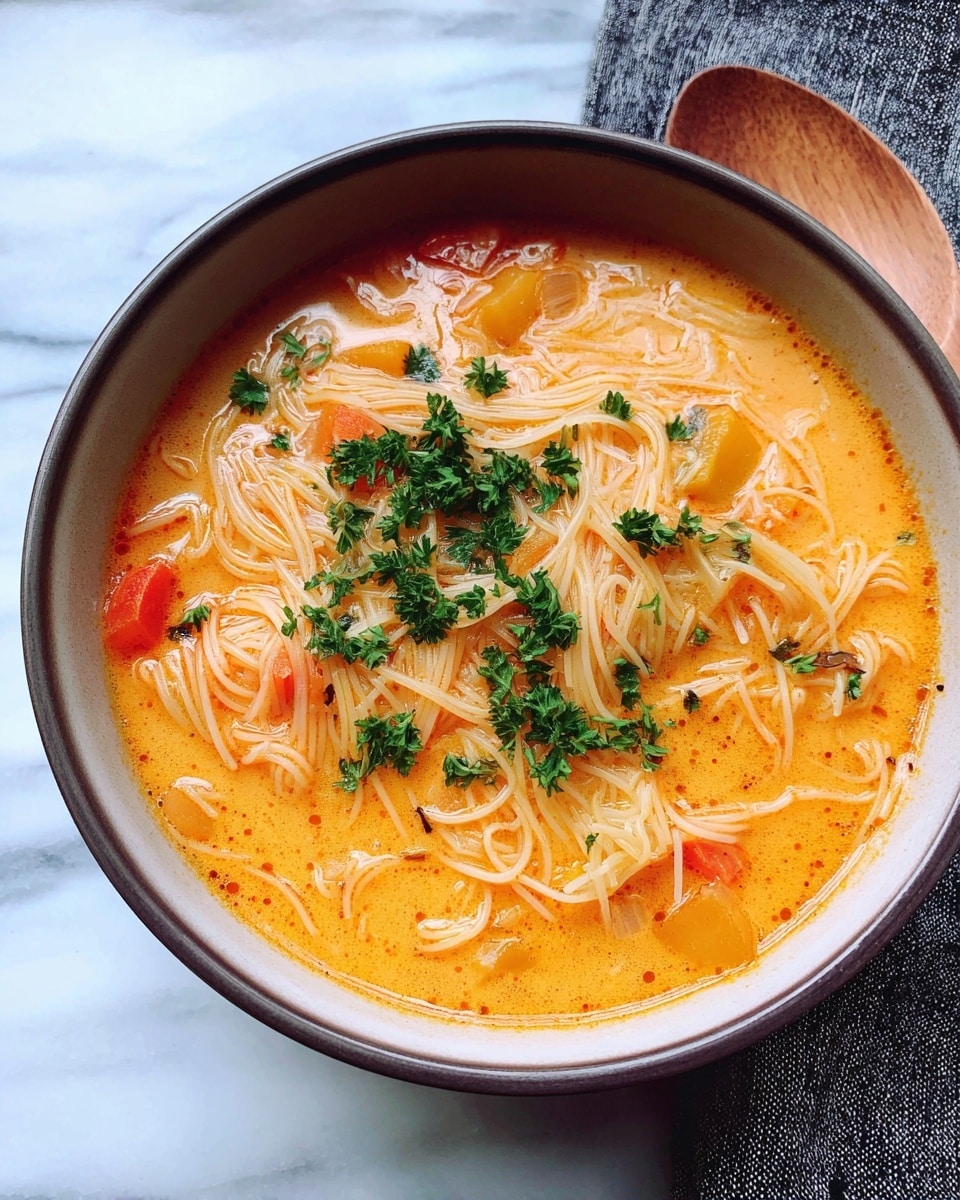 Large white bowl filled with creamy, vibrant orange noodle soup, generously packed with tender vermicelli noodles, floating slices of carrot, and fresh chopped herbs, with two whole dried red chilies and sprigs of parsley artistically placed nearby on a white marble countertop, captured from a 3/4 angle under natural lighting, styled as a professional food magazine hero shot, photo taken with an iphone --ar 4:5 --v 7