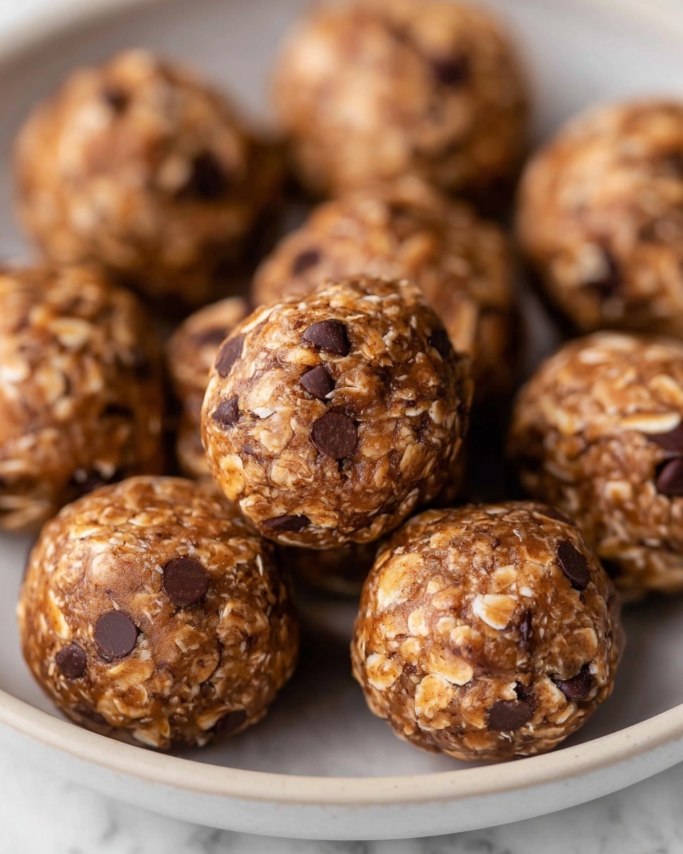 Large white bowl filled with a generous batch of round, homemade energy balls packed with oats and chocolate chips, textured with natural ingredients like nuts and seeds, entire collection shown closely stacked in the bowl, photographed from a slight overhead angle with natural light on a white marble background, styled as a professional food magazine hero shot, photo taken with an iphone --ar 4:5 --v 7