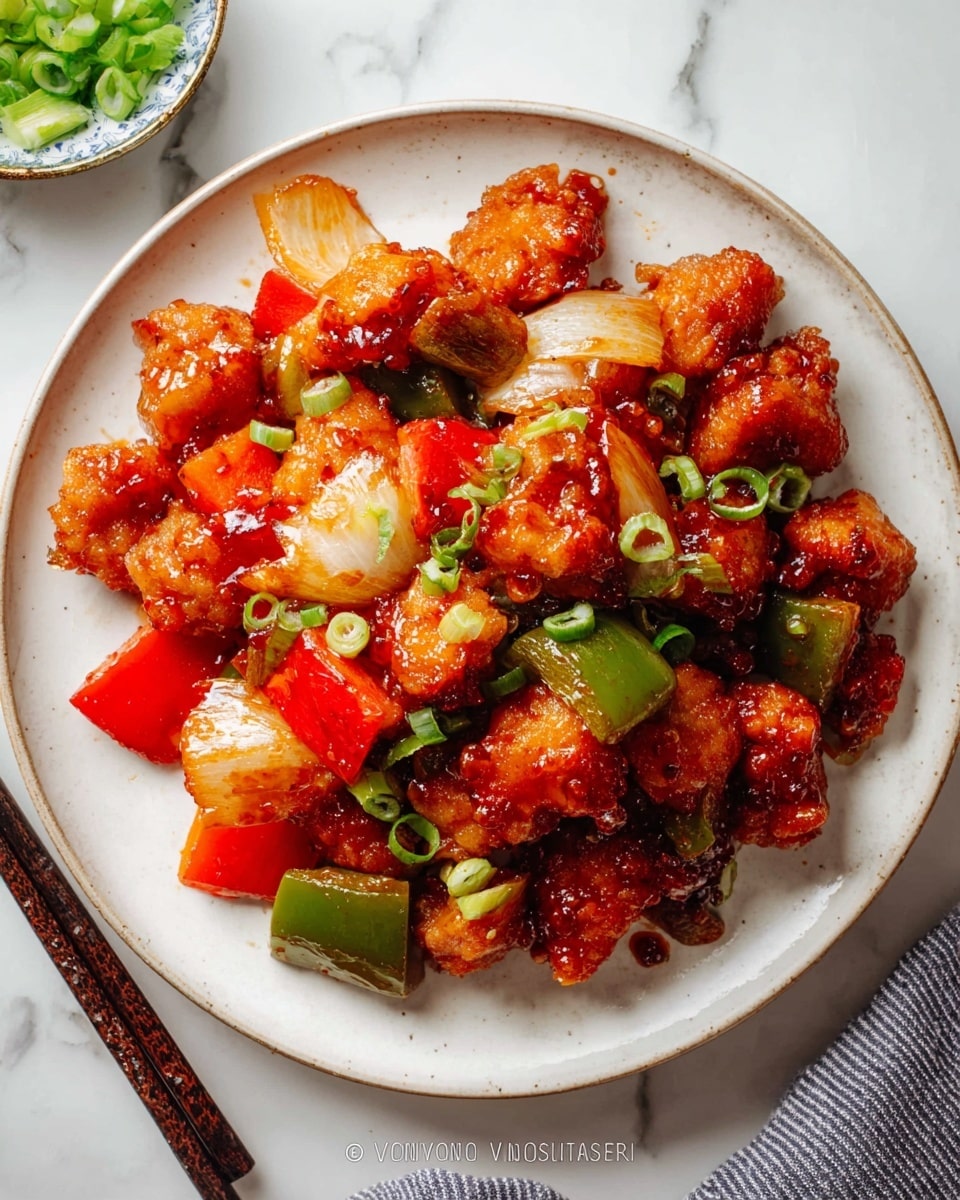 Large white shallow bowl filled with vibrant sweet and sour chicken, featuring generous pieces of crispy battered chicken coated in glossy sauce, mixed with thick chunks of green bell peppers, red bell peppers, and onions, garnished with finely chopped green onions, whole dish arranged beautifully, photographed from a 3/4 angle on a white marble countertop with natural lighting, professional food magazine hero shot photo taken with an iphone --ar 4:5 --v 7