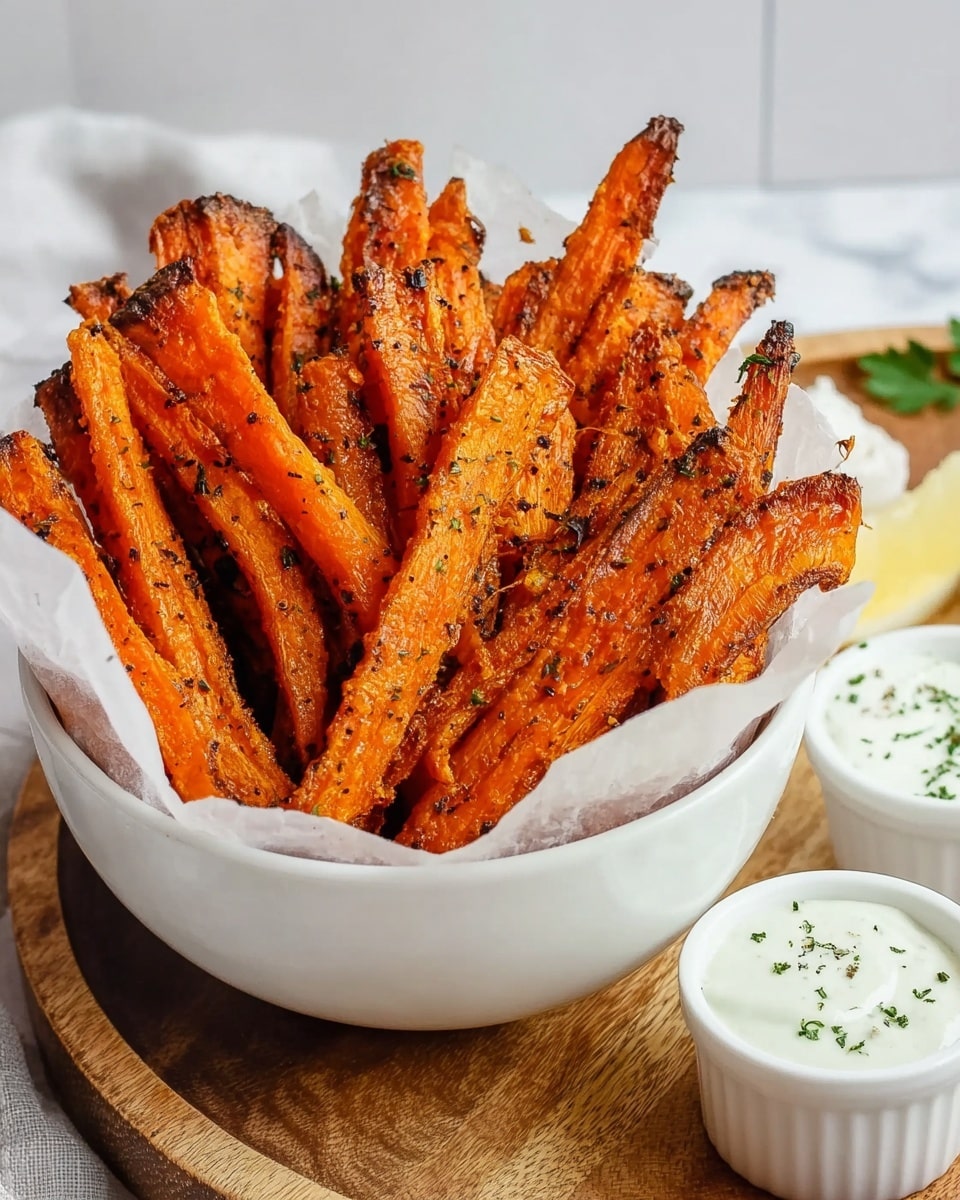 Large white bowl filled with a generous serving of whole crispy roasted carrot sticks, perfectly seasoned with visible flecks of herbs and spices, showcasing vibrant orange hues and slight charred edges, arranged upright on white parchment paper, accompanied by small white ramekins of dipping sauces on the side, all set on a natural wood board against a white marble background, natural lighting highlighting the textures and colors, professional food magazine style photo taken with an iphone --ar 4:5 --v 7