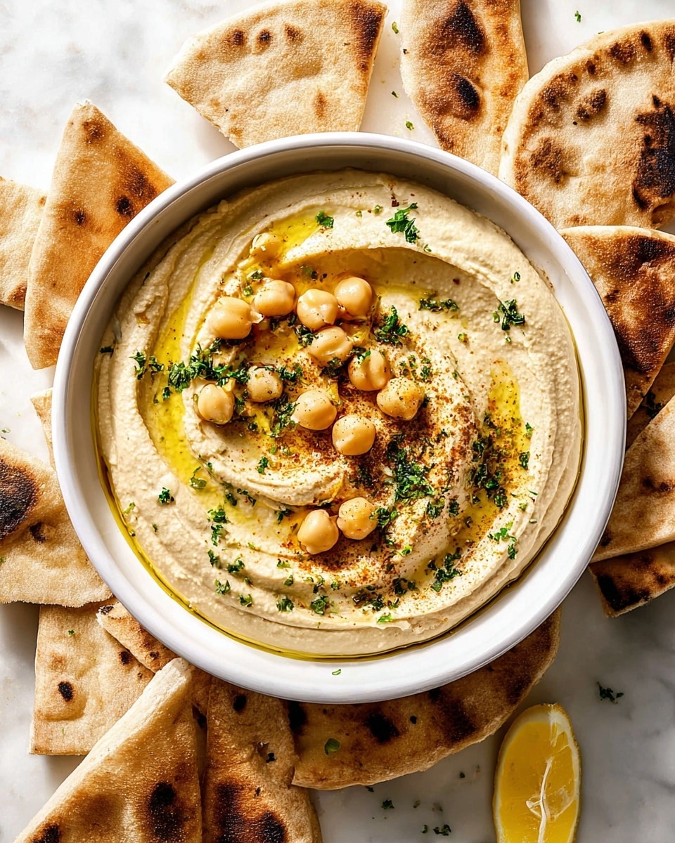Large white bowl filled with creamy, smooth hummus, swirled elegantly and topped with whole chickpeas, a drizzle of golden olive oil, a sprinkle of ground cumin, and finely chopped fresh parsley, surrounded by multiple pieces of lightly charred, soft pita bread arranged on a white marble countertop, captured in natural lighting from a 3/4 angle, professional food magazine hero shot photo taken with an iphone --ar 4:5 --v 7